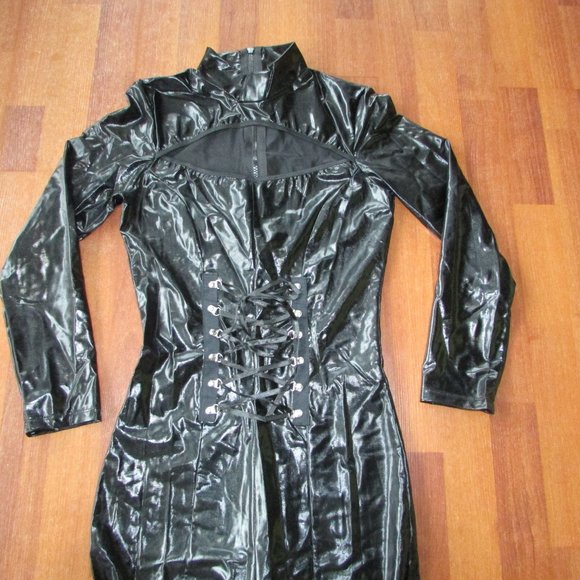 Black Shiny Wet Look Catsuit with Lacing and Cat Ears - Picture 5 of 11
